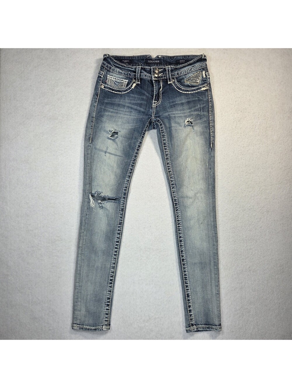 Vigoss The Chelsea Skinny Stonewashed Womens Low Rise Jeans 27x31 Distressed Y2K
